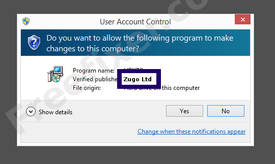 Screenshot where Zugo Ltd appears as the verified publisher in the UAC dialog